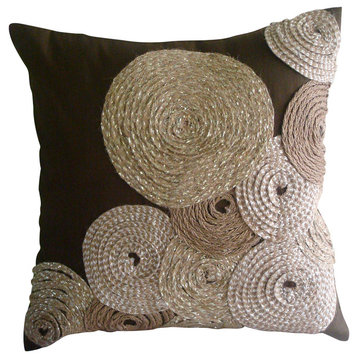 Brown Spiral Jute 14"x14" Silk Pillows Cover, Adorned By Jute
