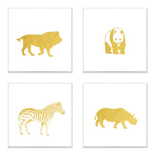 Golden Animal Silhouettes Lion Panda Zebra Rhino, 4-Piece