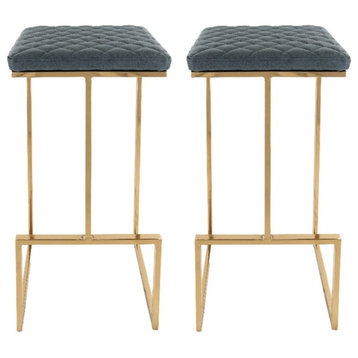 LeisureMod Quincy Stitched Leather Gold Metal Bar Stools set 2 in Peacock Blue