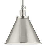 Progress Lighting - Progress Lighting Hinton 1-Light Hanging Pendant, Brushed Nickel, P500325-009 - A light source glows from within the hanging light's signature metal shade that fosters the design's industrial aesthetic. The vintage metal shade is coated in a sleek brushed nickel finish for modern industrial character. The light base attaches to a metal stem that suspends from the ceiling plate.