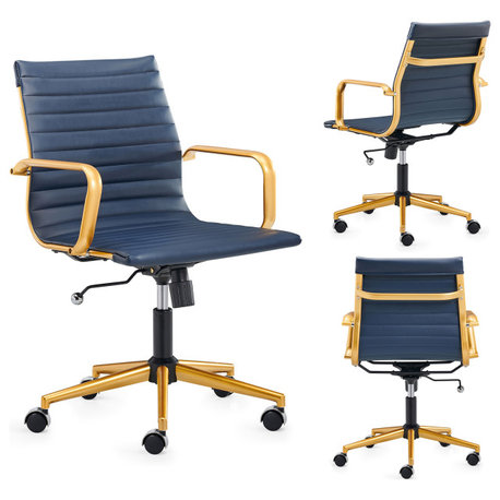 LUXMOD Mid Back PU Computer Office Desk Chair, Gold-Blue