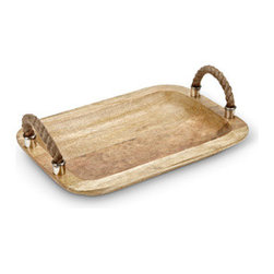 Rectangular Wood Tray with Rope Handles - Home Decor