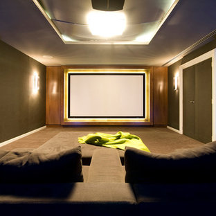 Cette photo montre une salle de cinéma tendance de taille moyenne et fermée avec un mur vert, moquette et un écran de projection.