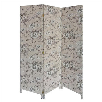 Benzara BM238281 71" 3 Panel Fabric Room Divider With Floral Print, Gray
