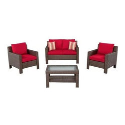 Hampton Bay Beverly 4-Piece Deep Patio Seating Set, Dragon Fruit Cushions - Outdoor Lounge Sets