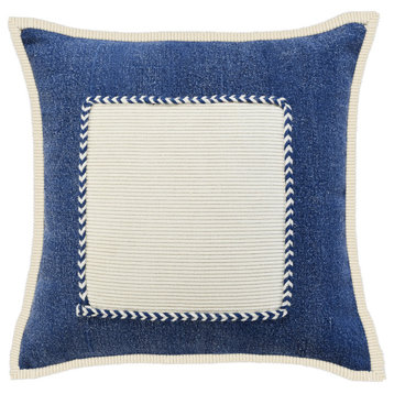 Ox Bay Hand-stitched Blue/White Bordered Organic Cotton Pillow Cover, 20"x20"