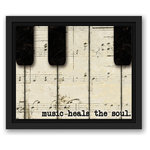 DDCG - Piano Keys And Music Canvas Wall Art, 10"x8", Framed - This premium floating framed canvas features a black and white vintage piano key and music note background design. The wall art is printed on professional grade tightly woven canvas with a durable construction, finished backing, and is built ready to hang. The result is a remarkable piece of wall art that will add elegance and style to any room.