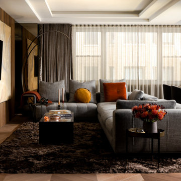 Contemporary Living Room with Backlit Stone Feature Wall