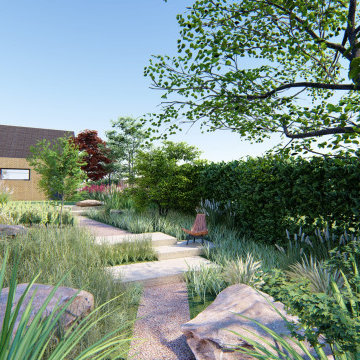 Perennial garden with modern house architecture