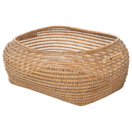 Cambria Bulging Rectangular Open Weave Storage Basket, Honey-Brown