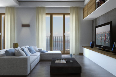 Esempio di un grande soggiorno minimalista aperto con parquet scuro, parete attrezzata, pavimento grigio e pannellatura