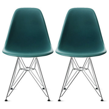 Plastic Dining Chair With Chrome Eiffel Wire Legs, Set of 2, Teal