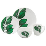 Godinger - Palma 16 Piece Porcelain Dinnerware Set - Add a vibrant organic look and feel to your tabletop. Finely detailed Palma leaves in natural tones of green are featured on each piece. Crafted from porcelain, these pieces are dishwasher and microwave-safe, so caring for them is a breeze. 11.00D x 0.50H Dinner Plate, 7.50D x 0.50H Salad Plate, 10 oz 6.00D x 3.00H Bowl, 8 oz 4.00D x 5.50H Mug