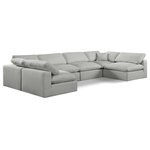 Meridian Furniture - Comfy Upholstered U-Shaped Modular Sectional, Grey, 6-Piece: 4 Armless Chair, 2 Corner Chair, Linen Textured Fabric - Give your space a whole new look with this grey Comfy linen textured fabric sectional. This handsome sectional fits nicely with other items in the Comfy collection and is a versatile seating option designed for adaptability, comfort and style. Wrapped in rich grey durable linen textured fabric upholstery, this sectional offers a plush embrace of overstuffed down feather cushions, carefully crafted to deliver the highest level of comfort. The perfect seat for creating an oasis for relaxation, this sectional has thick foam surrounding its frame for added support and coziness.
