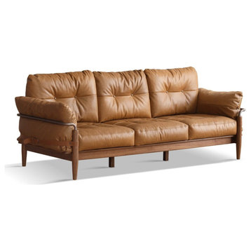 Black Walnut Solid Wood Leather Sofa, Oil Wax Leather- 2.4m Three Seat Sofa 94.5x34.5x34.7"