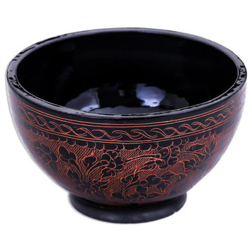 Novica Handmade Red Floral Forest Lacquered Wood Decorative Bowl