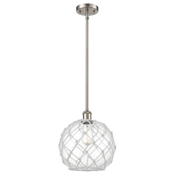 Farmhouse 1-Light Pendant, Brushed Satin Nickel, Clear Glass With White Rope