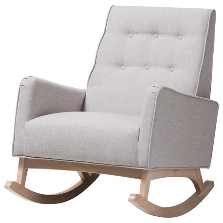 Marlena Mid-Century Grayish Beige Fabric, Whitewash Wood Rocking Chair