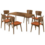 Armen Living - Kalia 7-Piece Wood Dining Set, Walnut Finish With Orange Fabric - The Kalia 7-piece Wood Dining Set from Armen Living will enhance any dining space. The dining table features softly curved edges to maintain a modern and inviting edge in any room. Included in this dining table set is 1 dining table and 6 dining chairs. The tabletop is enlivened with natural grains of wood that are juxtaposed at an angle to bring rich character. Inspired by mid-century modern design, the dining chairs embrace a soft and inviting profile. They feature a gracefully curved and contoured back that lends sturdy back support. Complemented with beautifully curved and angled legs, the chairs vouch for a sculptural and charming presence. They feature a generously padded seat to provide the perfect combo of style and comfort. This dining set is crafted in a combination of engineered and rubberwood to provide durability and easy maintenance for your daily meals and formal dinners. This dining set is available in your choice of a walnut wood finish with charcoal, blue, or orange fabric upholstery or a gray finish with gray fabric upholstery.