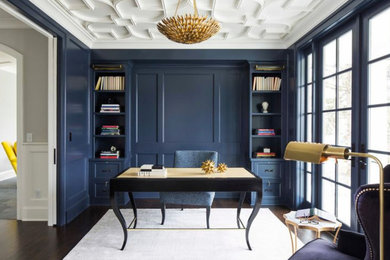 Mid-sized elegant freestanding desk dark wood floor and brown floor home office photo in Philadelphia with beige walls