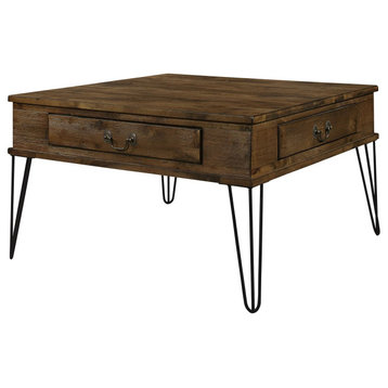 Square Coffee Table, Hairpin Legs and 2 Drawers With Curved Pulls, Rustic Oak