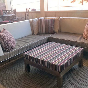 Sunbrella cushion covers, ottoman, and pillows warm up dog-friendly patio