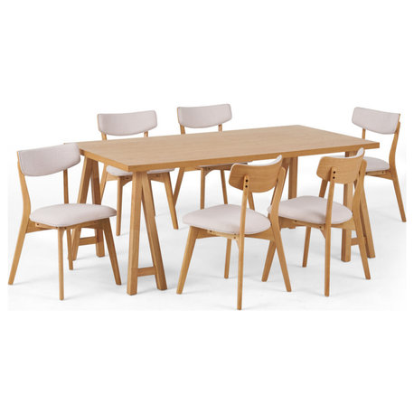 Anakin Mid-Century Modern 7-Piece Dining Set, Light Beige/Natural Oak