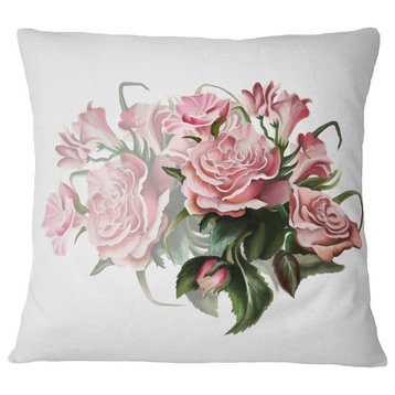 Pink Rose Bouquet Watercolor Floral Throw Pillow, 18"x18"