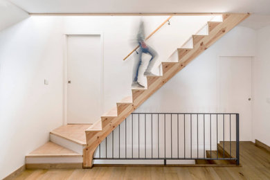 Modelo de escalera recta contemporánea pequeña con escalones de terracota, contrahuellas de madera pintada y barandilla de metal