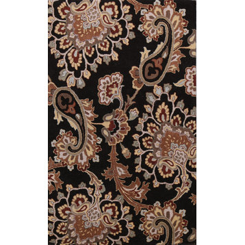 Black Floral Paisley Oriental Area Rug Hand-tufted Wool Carpet 5x8