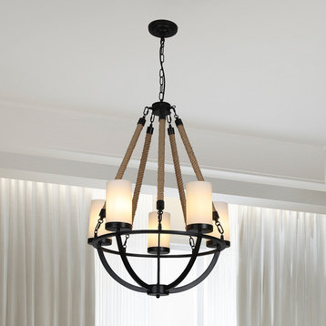 Wrought Iron and Natural Rope Chandelier