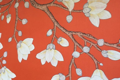 Orange red silk wallpaper---handpainted silk wallpaper