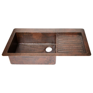 40" Drop-in Single Bowl Hammered Copper Kitchen Sink w/ Wringer, 16 Gauge