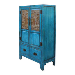 Chinese Distressed Bright Blue Golden Brown Carving Storage Cabinet - Accent Chests And Cabinets