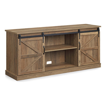 BELLEZE Modern Farmhouse Style 58" TV Stand With Sliding Storage, Rustic Oak