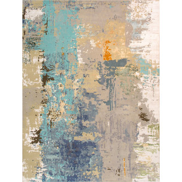 Modern Hand-Knotted Silk and Wool Area Rug-10' 3" X 14' 3", Taupe/Turquoise