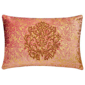 Pink Velvet Foil, Damask & Zardozi 12"x18" Lumbar Pillow Cover - Mumtaaz
