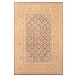 Bareens Designer Rugs - Bohemian Chic Ziegler Matha Gray Gold Wool Rug - 6'3'' x 8'11'' - A Persian influenced Turkish hand knotted rug made by skilled artisans capable of creating the most exceptional vegetable dyes and hand-spun New Zealand wool. This gorgeous one of a kind Peshawar Kafkaz handmade rugs is also known as a Chobi Ziegler Rug. This gorgeous rug is extremely versatile and is famous for its pleasing color palette and informal design that works in a myriad of interiors. It has been expertly hand-tied, finished, sun-dried, and can contain up to 1.5 million knots. It takes 4 skilled artisans to hand knot this rug nine to twelve months to complete this piece of art. The invigorating colors and patterns in this rug will give your home an elegant and fresh appearance. While drawing upon the coloring and patterns of antique rugs, contemporary Peshawar pieces incorporate modern design motifs and feature vibrant color tones. Give your room a luxurious look and feel with this beautiful rug with gorgeous color pallet. The intricate design allows this oriental rug to create a royal ambience in any d�cor. Hand knotted construction and natural fibers gives this rug soft feel under your feet.