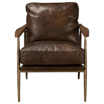 Arnold Leather Club Chair Antique Brown by Kosas Home, Antique Brown Leather Upholstery, Rubberwood Arms, Brass Iron Base