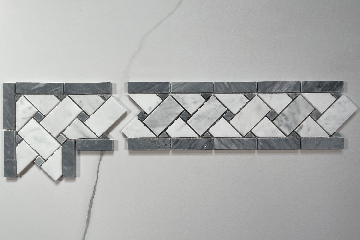 Carrara Venato Marble Basketweave Mosaic Border Dark Gray Dots Honed, 1 sheet