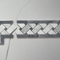 Carrara Venato Marble Basketweave Mosaic Border Dark Gray Dots Honed, 1 sheet