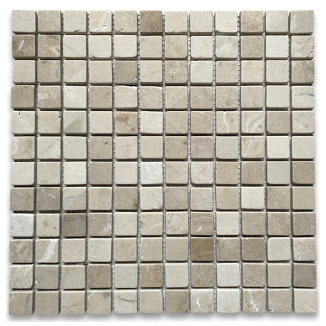 Non Slip Shower Floor Tumbled Crema Marfil Marble 1x1 Square Tile, 1 sheet