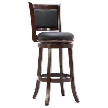 Round Wooden Swivel Barstool With Padded Seat And Back, Dark Brown