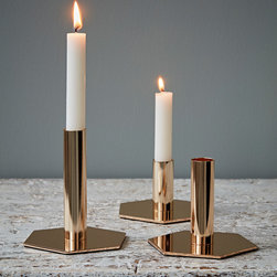 Set of Three Gold Hexagon Candlesticks by Hubsch - Candle Holders & Candelabra