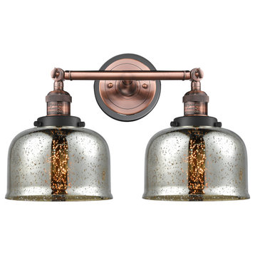 Large Bell 2 Light Bath Vanity Light, Antique Copper, Silver Plated Mercury