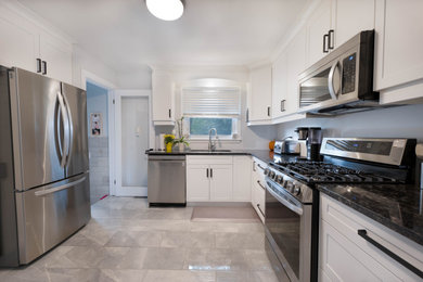 Example of a small transitional l-shaped enclosed kitchen design in Other with a double-bowl sink, shaker cabinets, white cabinets, quartz countertops, stainless steel appliances, no island and black countertops