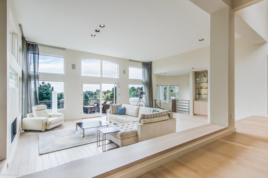 Living room - huge contemporary open concept light wood floor living room idea in Denver with white walls, a ribbon fireplace and a plaster fireplace
