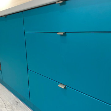 Teal & White Bespoke Kitchen with Feature Wall – London E6