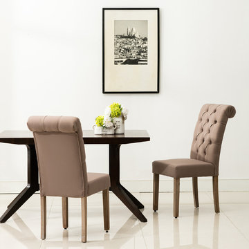 Natalie Roll Top Tufted Linen Fabric Modern Dining Chair (Set of 2)