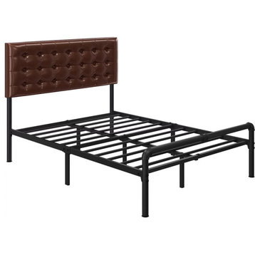 Platform Bed, Pipe Metal Frame & Tufted Faux Leather Headboard, Brown, Queen
